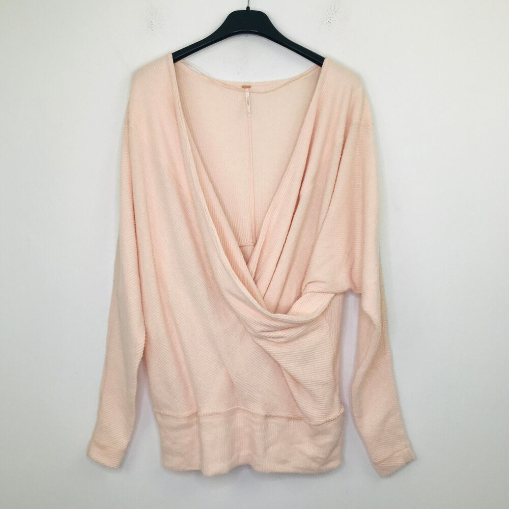 Free People Womens Small Sweater Pink Cozy With You Pullover Draped Surplice BV5